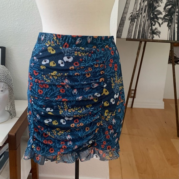 Free People Romi Mesh Mini Skirt in teal with multicolored florals. - Picture 1 of 8